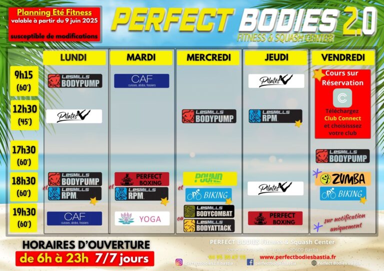 Planning été 2025 Perfect Bodies Bastia